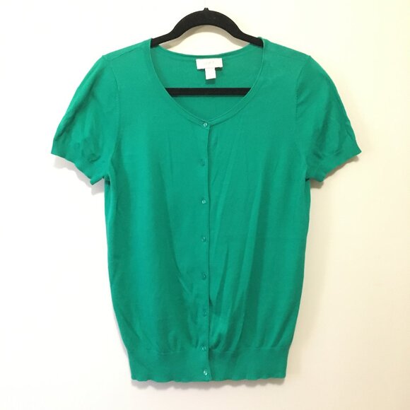 Preppy Short Sleeve Kelly Green Cotton Button Up Cardigan + Cami - Picture 3 of 16